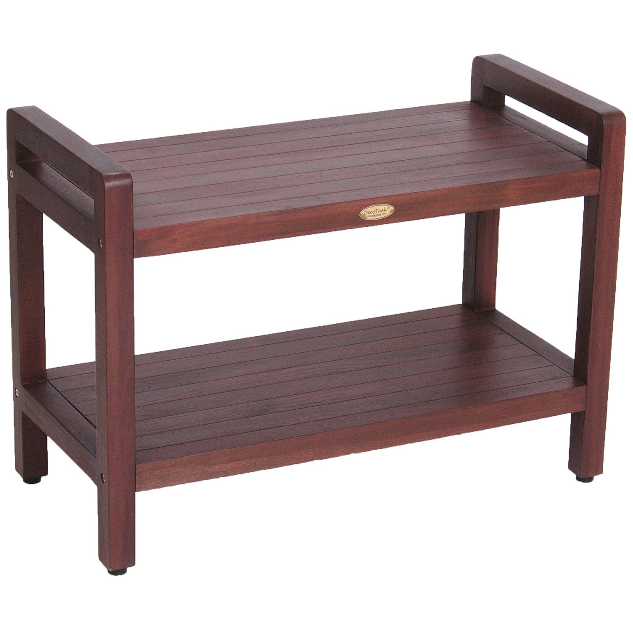 DecoTeak by E&T Horizons, DecoTeak Eleganto 29" Woodland Brown Solid Teak Wood Shower Bench With LiftAide Arms and Shelf