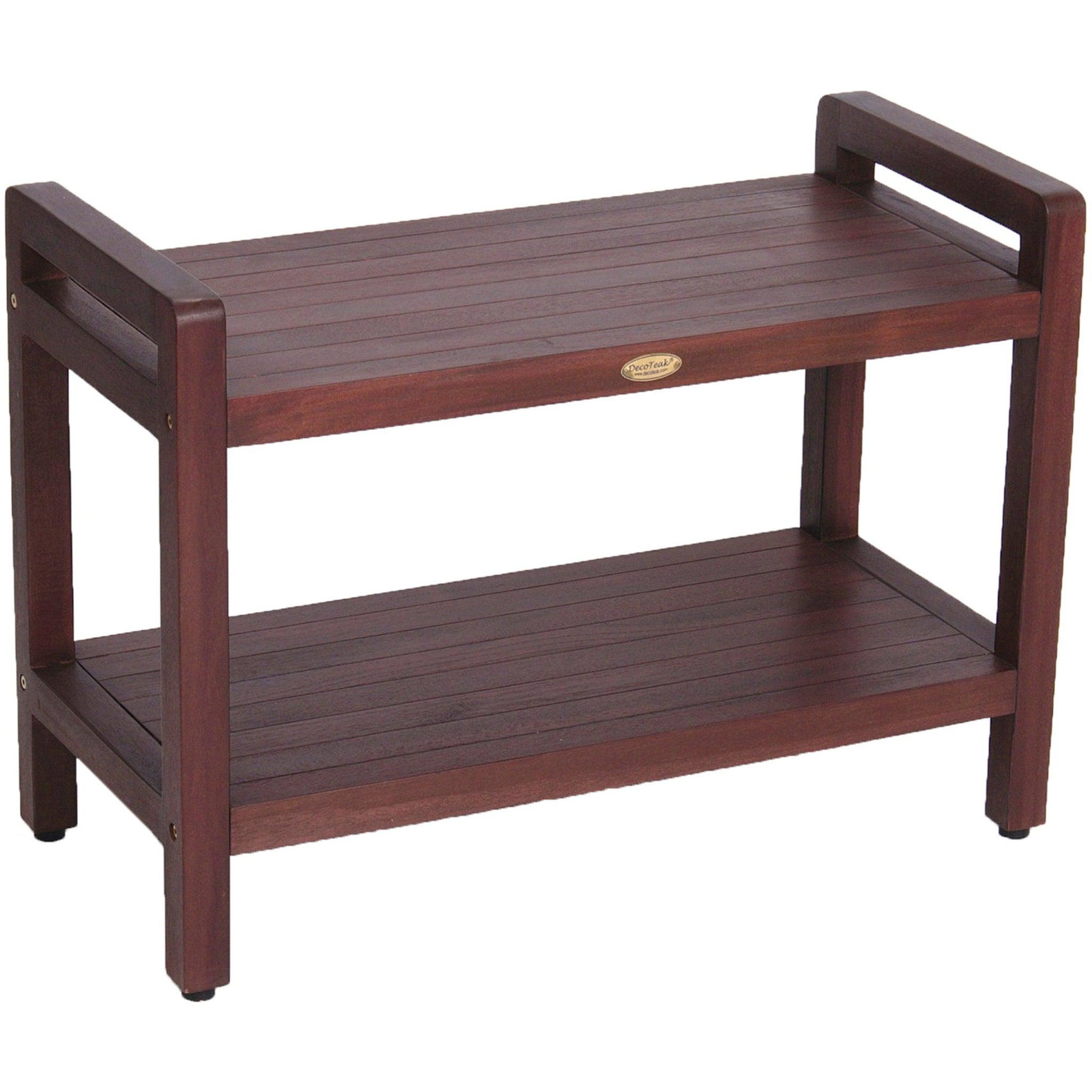 DecoTeak by E&T Horizons, DecoTeak Eleganto 29" Woodland Brown Solid Teak Wood Shower Bench With LiftAide Arms and Shelf