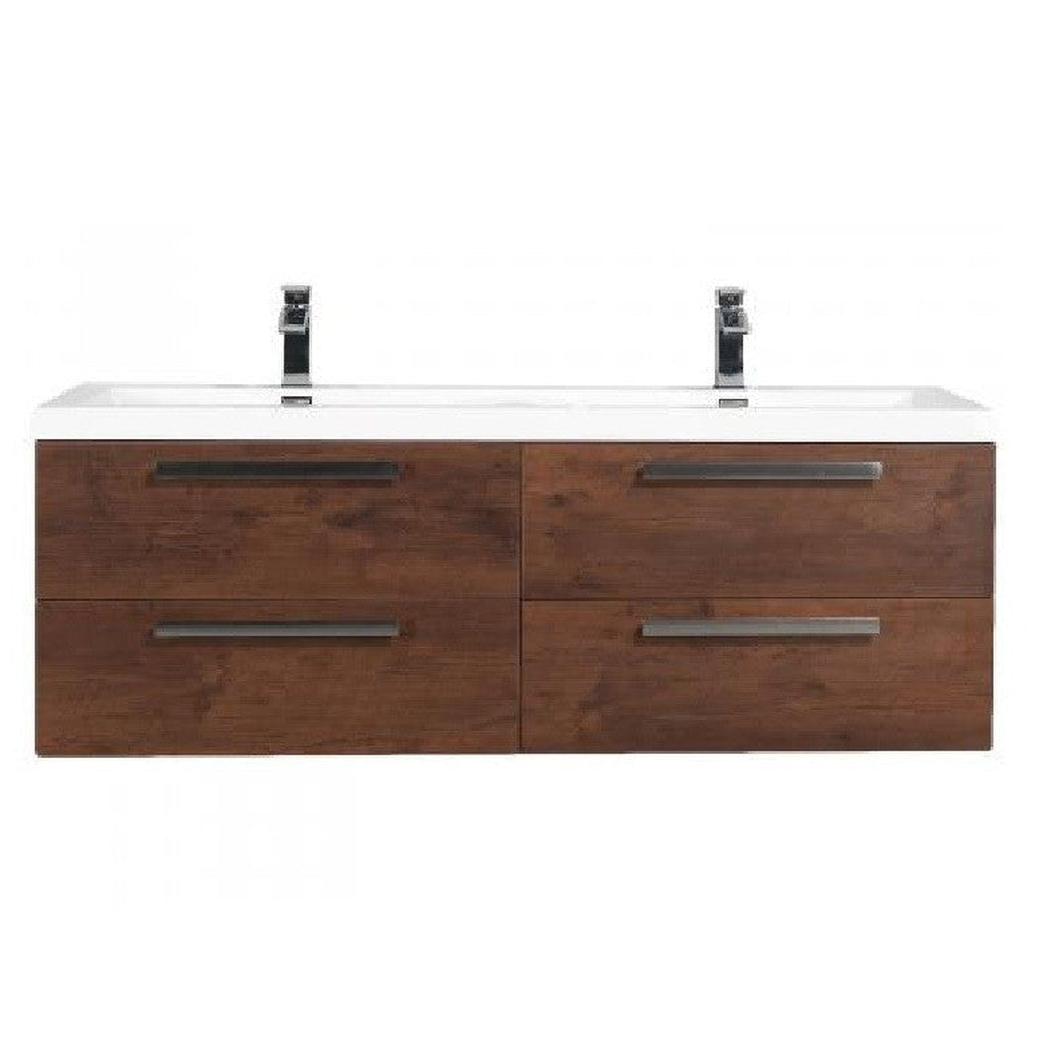 Eviva, Eviva Surf 57" x 24" Rosewood Wall-Mounted Bathroom Vanity With Double White Integrated Sink